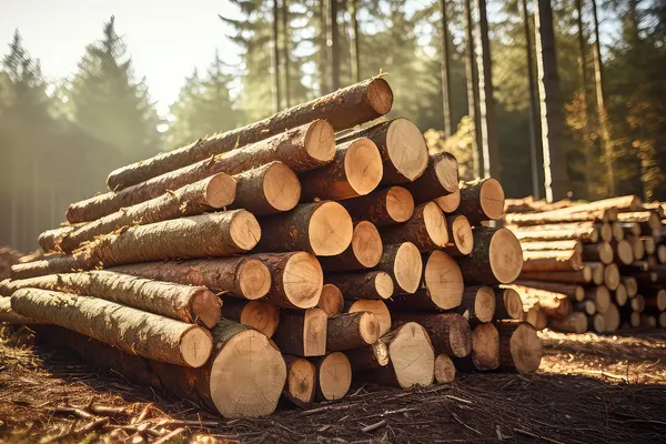 Baustämme für Über uns - Schwarzer Holzlogistik Bild von Stammholz-Poltern im Wald