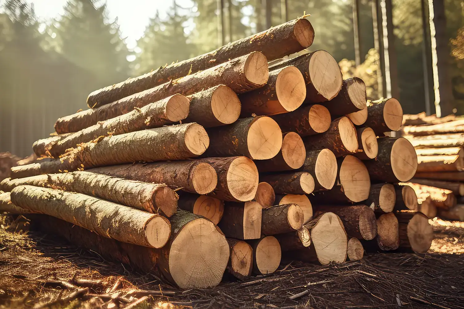 Auf dem Bild ist ein Stammholz Polter mit Nadelholz von  im Wald abgelichtet